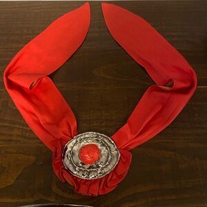 Vintage Red Leather Statement Belt with Silver Buckle Detail